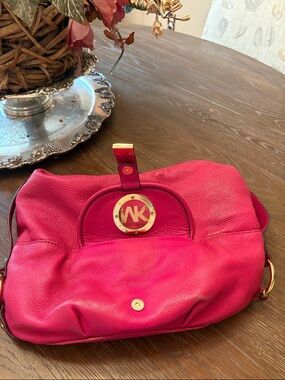 Michael Kors Hot Pink Leather Shoulder Bag with Gold-Tone MK Logo